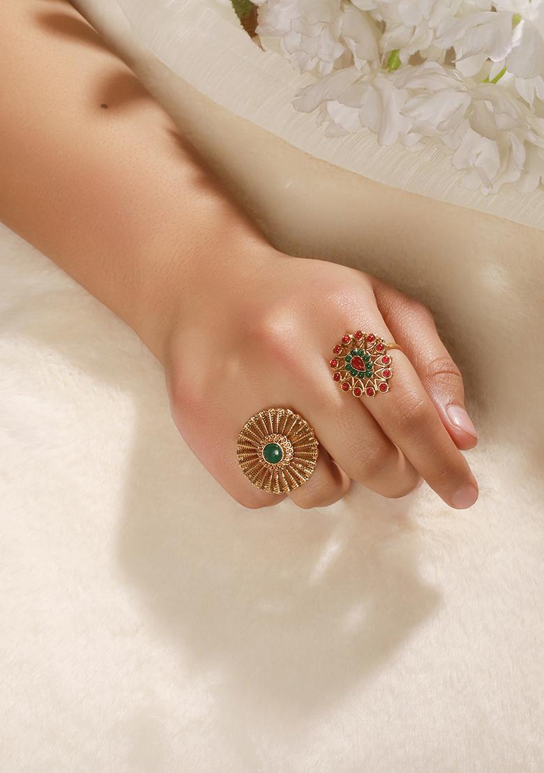 Set Of 2 Gold Plated Stone Studded Adjustable Finger Rings