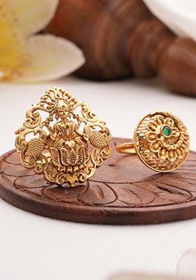 Set Of 2 Gold Plated Stone Studded Temple Finger Rings