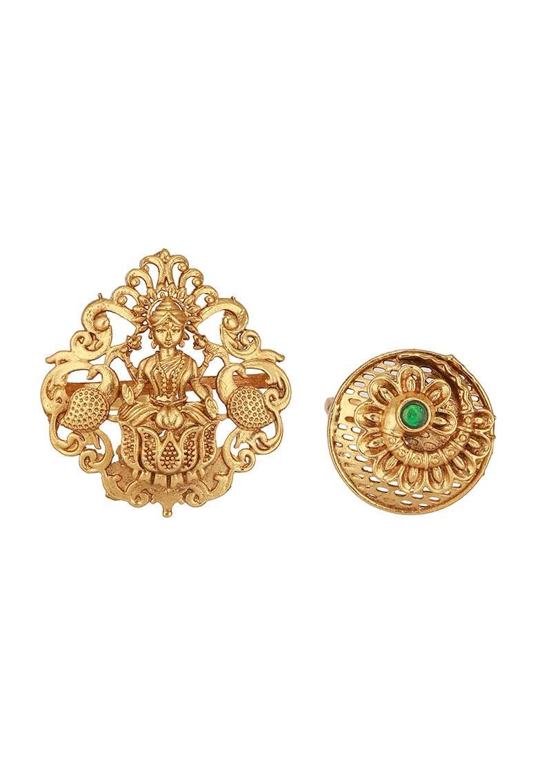 Set Of 2 Gold Plated Stone Studded Temple Finger Rings - Indya