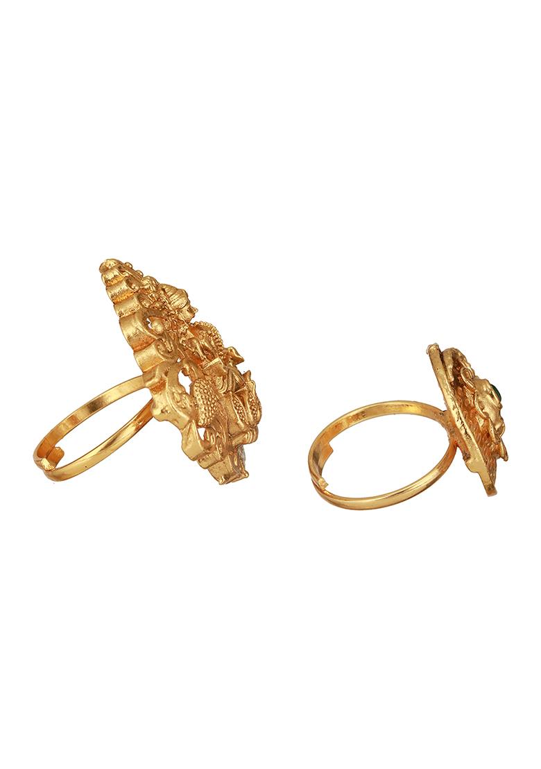 Set Of 2 Gold Plated Stone Studded Temple Finger Rings