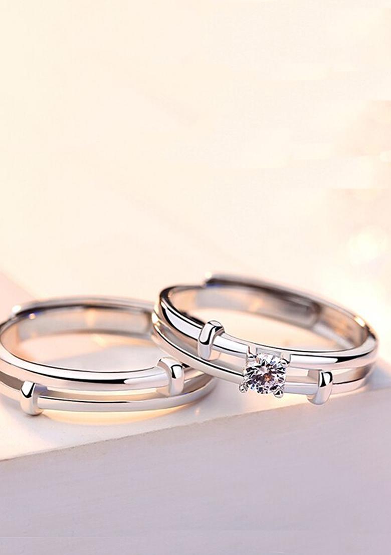 Set Of 2 Silver Plated Ad Studded Adjustable Valentine Gift Couple Ring