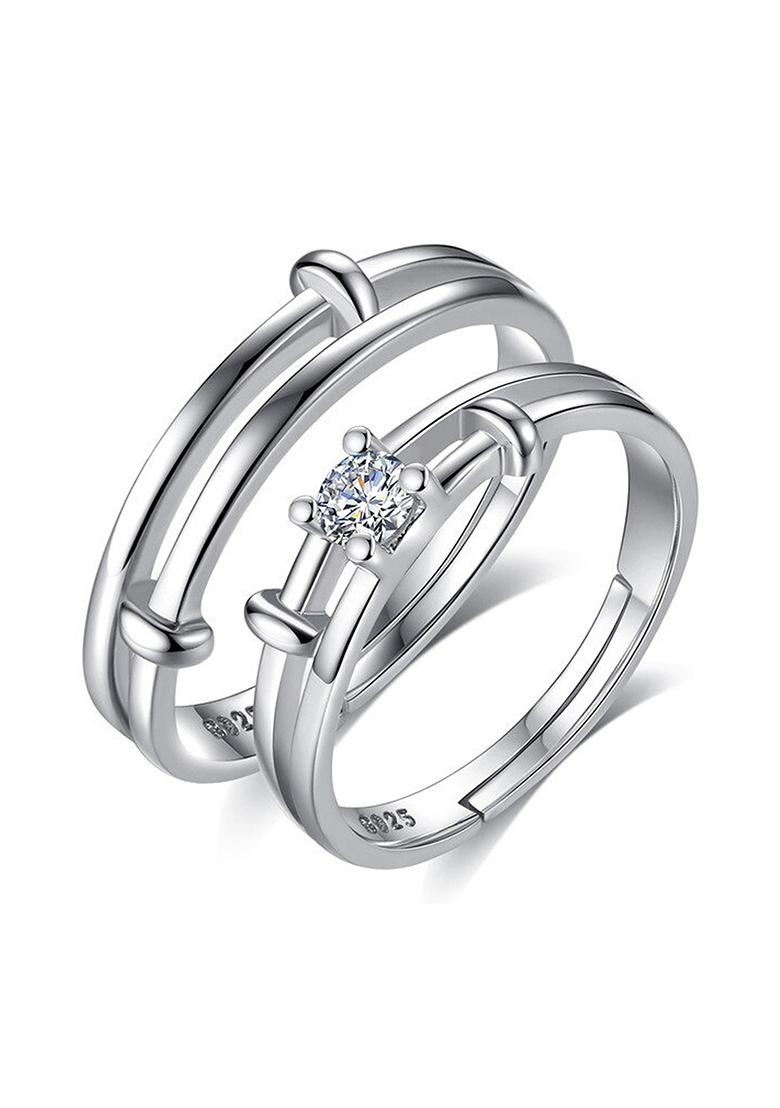 Set Of 2 Silver Plated Ad Studded Adjustable Valentine Gift Couple Ring
