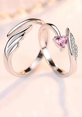 Set Of 2 Silver Plated Pink Heart Ad Studded Adjustable Valentine Gifts Couple Ring