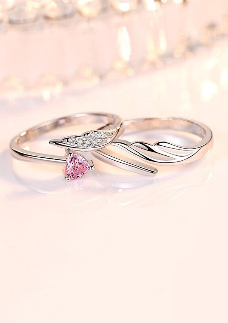 Set Of 2 Silver Plated Pink Heart Ad Studded Adjustable Valentine Gifts Couple Ring