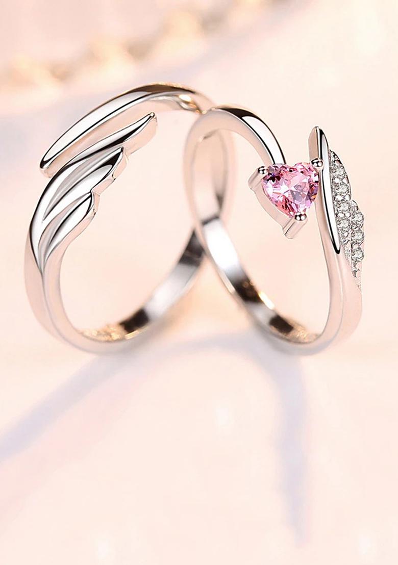 Set Of 2 Silver Plated Pink Heart Ad Studded Adjustable Valentine Gifts Couple Ring