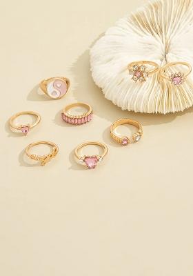 Multi Set Of 8 Pink Stone Studded And Gold Plated Finger Rings