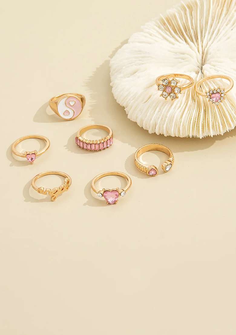 Multi Set Of 8 Pink Stone Studded And Gold Plated Finger Rings - Indya