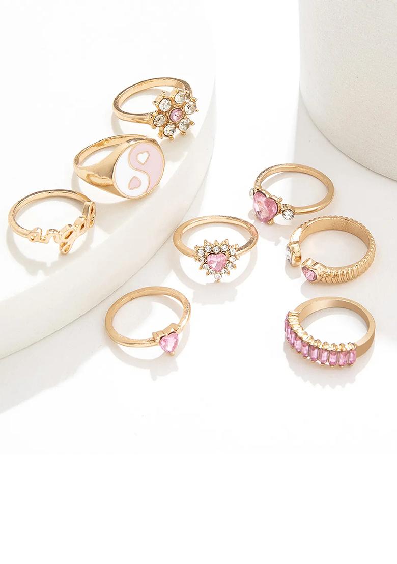 Multi Set Of 8 Pink Stone Studded And Gold Plated Finger Rings