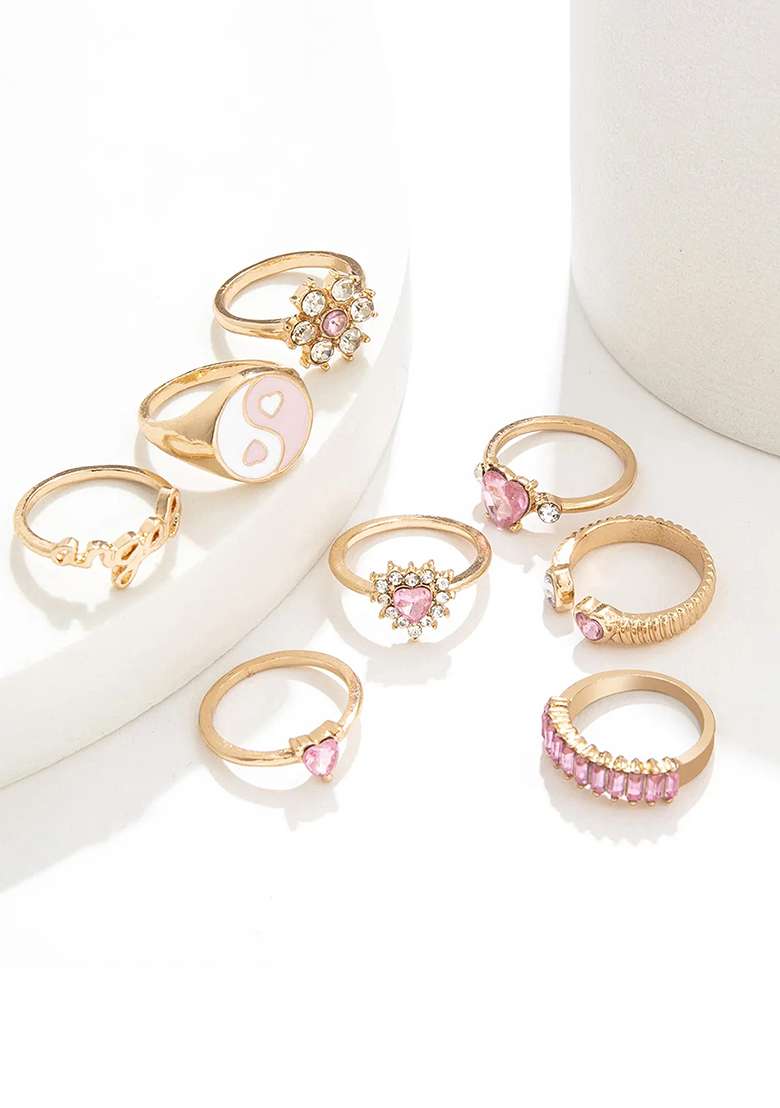 Multi Set Of 8 Pink Stone Studded And Gold Plated Finger Rings - Indya