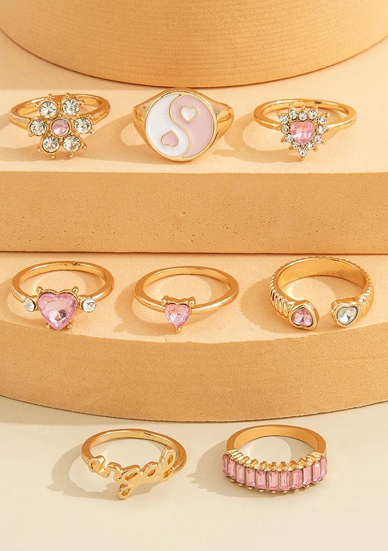 Multi Set Of 8 Pink Stone Studded And Gold Plated Finger Rings