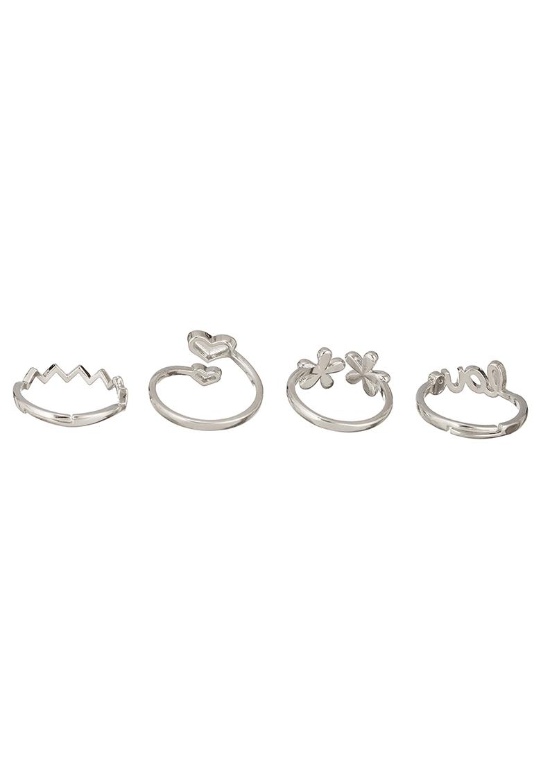 Set Of 4 Silver Plated Adjustable Finger Rings