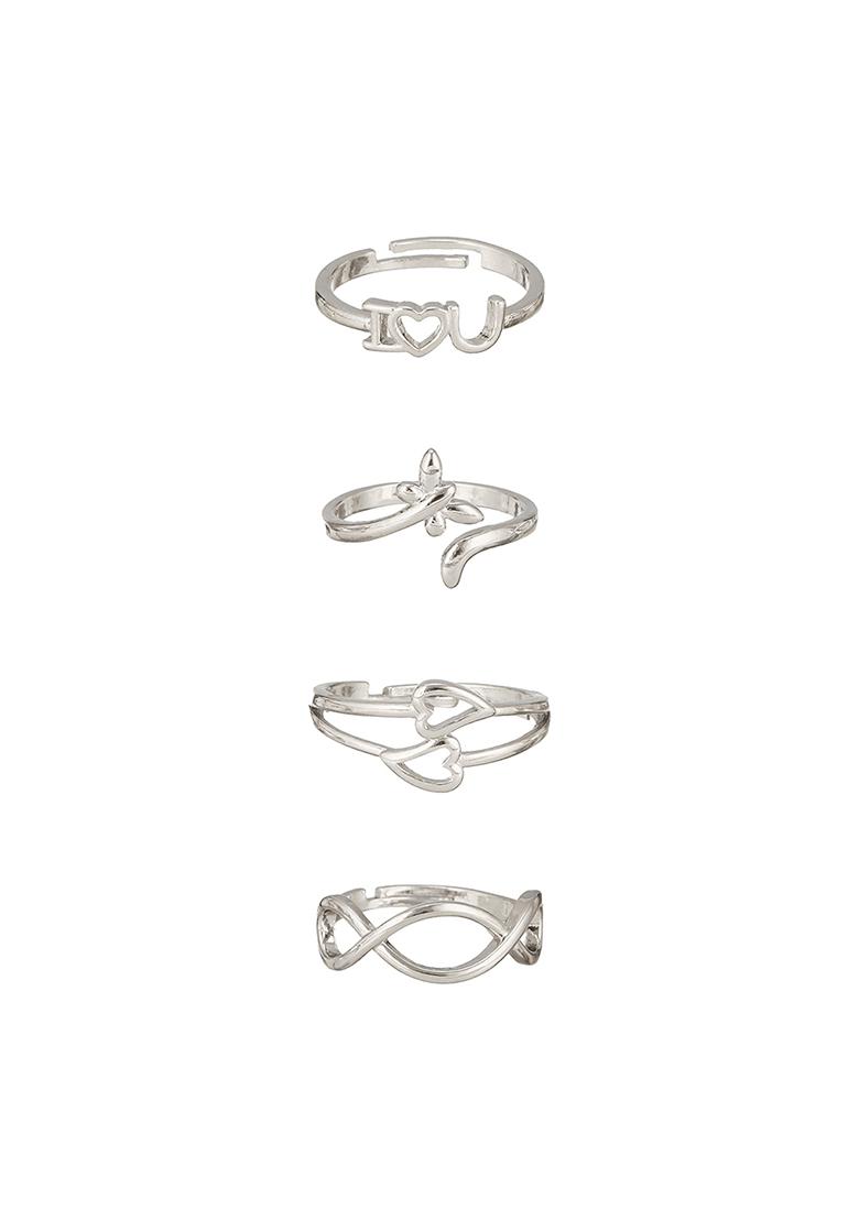 Set Of 4 Silver Plated Adjustable Finger Rings