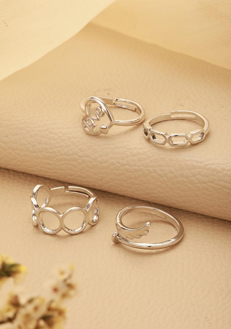 Set Of 4 Silver Plated Adjustable Finger Rings