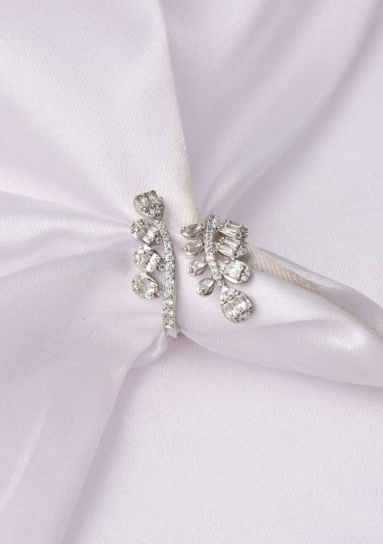 Rhodium Plated Cubic Zirconia Studded Adjustable Finger Ring - Indya