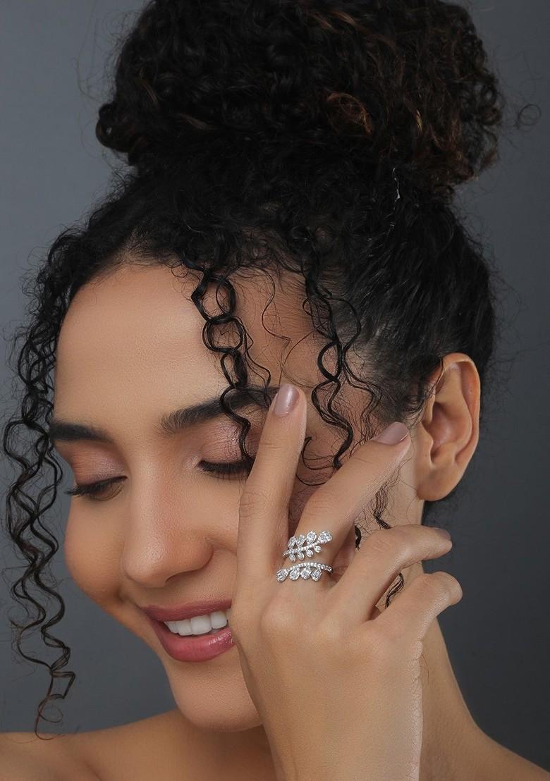 Rhodium Plated Cubic Zirconia Studded Adjustable Finger Ring