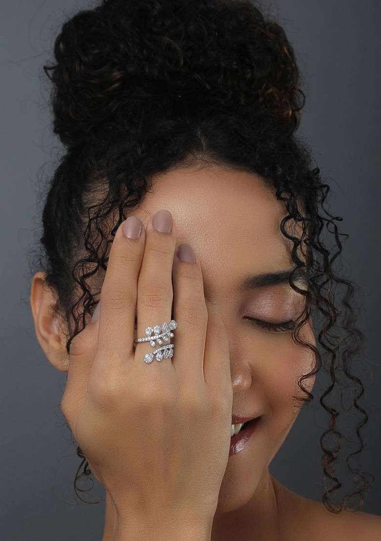 Rhodium Plated Cubic Zirconia Studded Adjustable Finger Ring - Indya