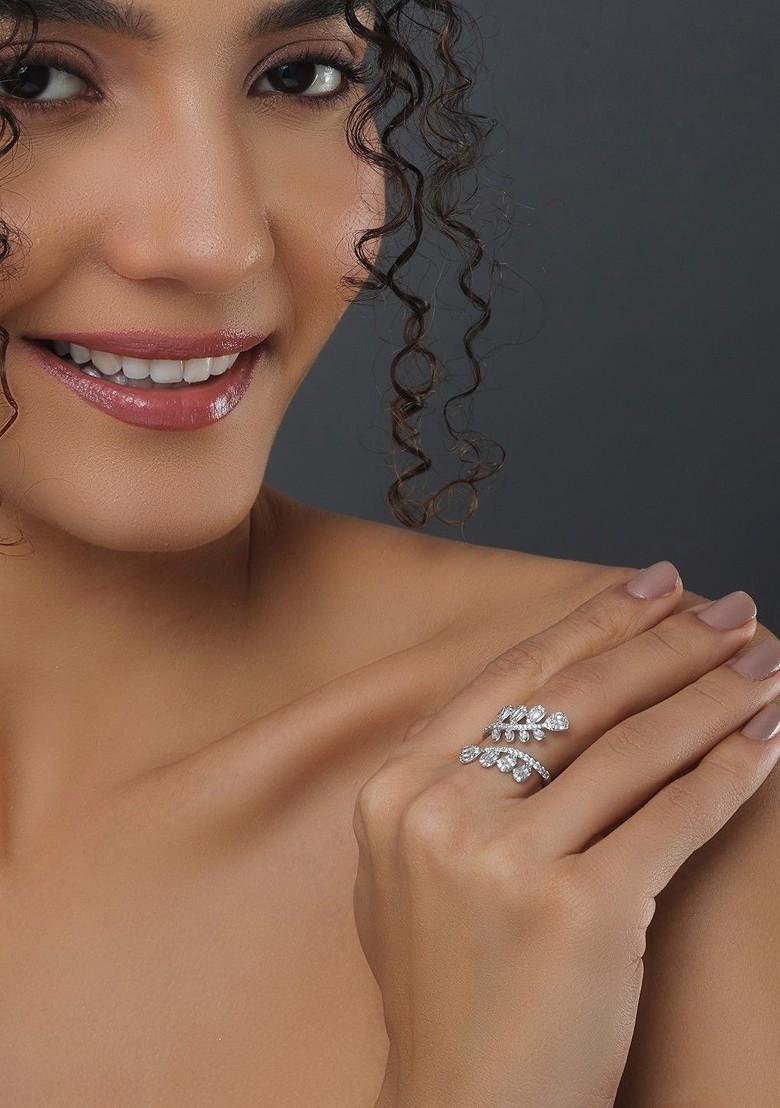 Rhodium Plated Cubic Zirconia Studded Adjustable Finger Ring