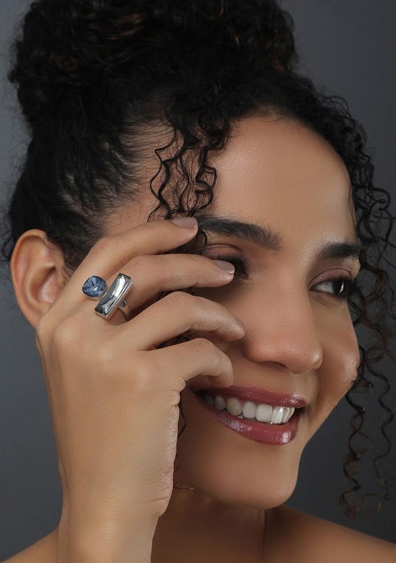 Rhodium Plated Cubic Zirconia Studded Adjustable Finger Ring