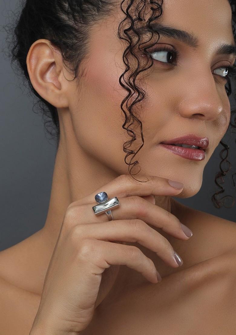 Rhodium Plated Cubic Zirconia Studded Adjustable Finger Ring