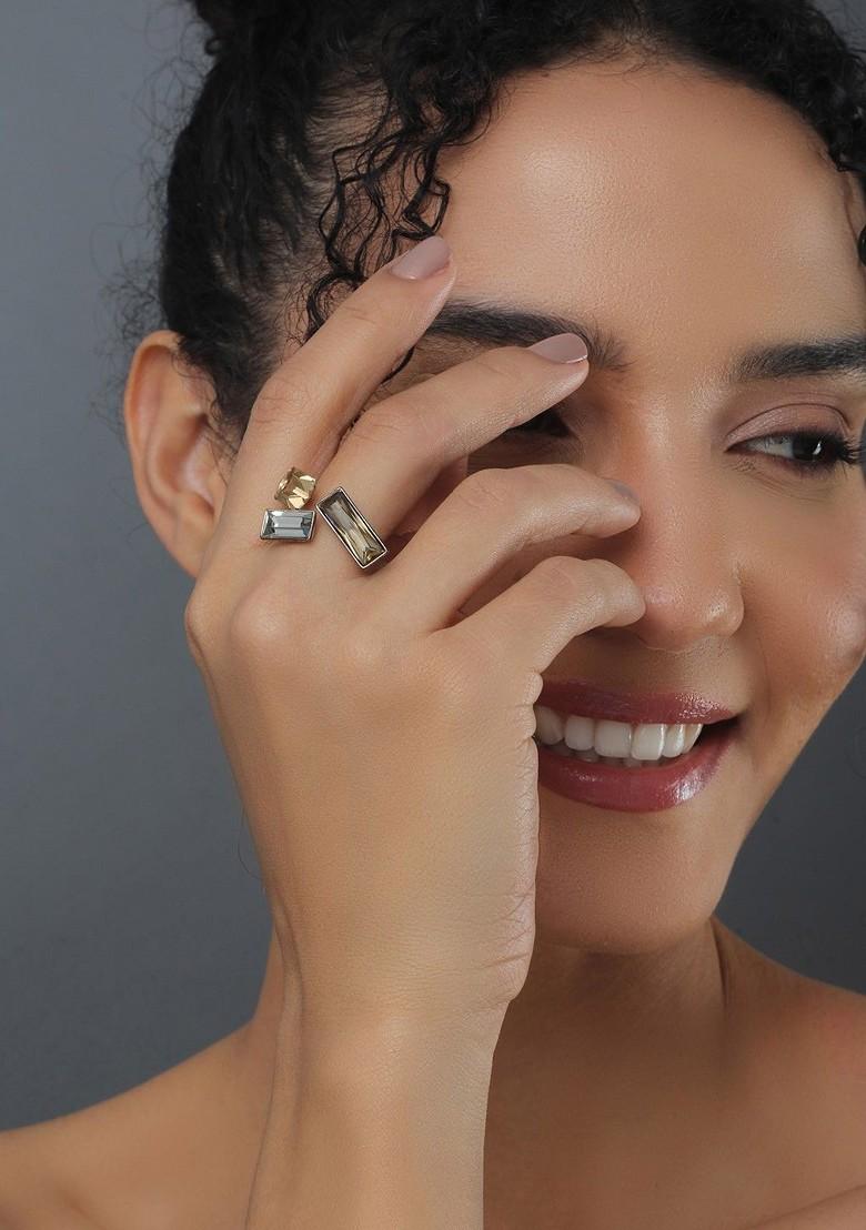 Gold Plated Cubic Zirconia Studded Baguette Shaped Adjustable Finger Ring