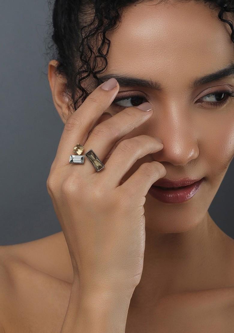 Gold Plated Cubic Zirconia Studded Baguette Shaped Adjustable Finger Ring