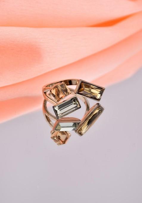 Gold Plated Cubic Zirconia Studded Baguette Shaped Adjustable Finger Ring