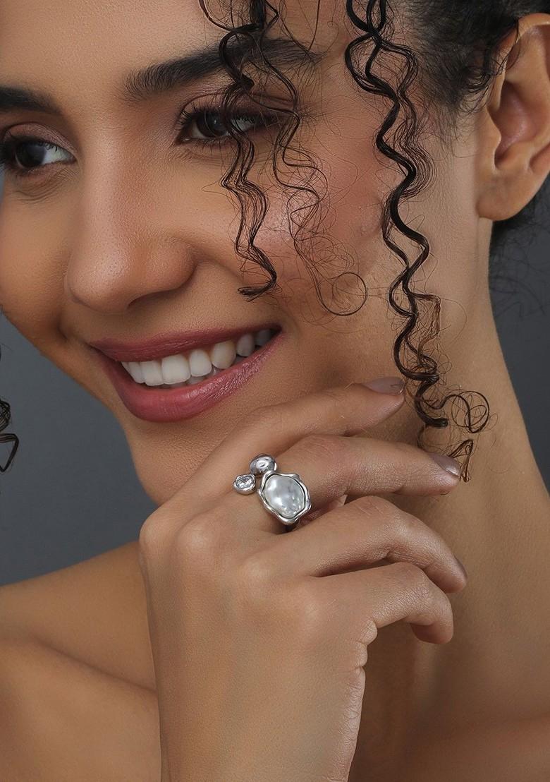 Rhodium Plated Pearls Adjustable Finger Ring
