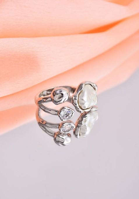 Rhodium Plated Pearls Adjustable Finger Ring