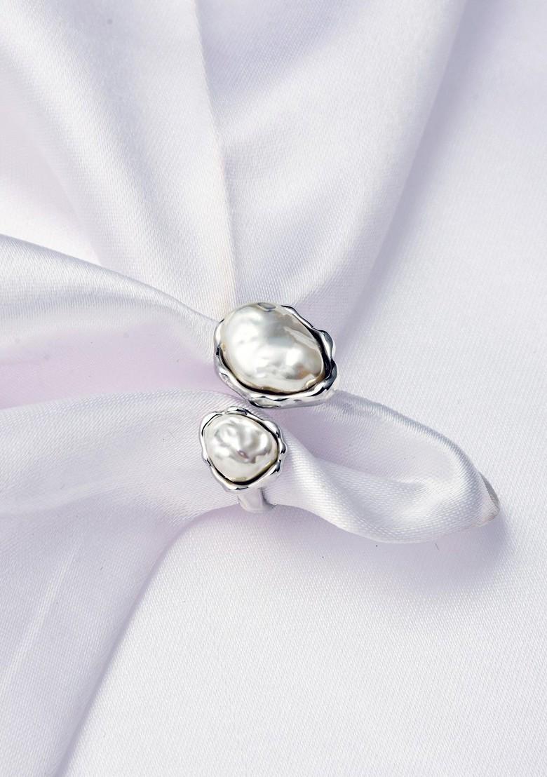 Rhodium Plated Pearls Studded Adjustable Finger Ring