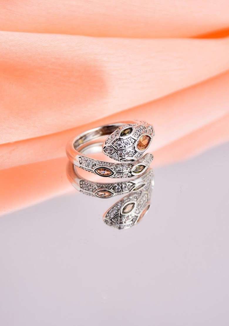 Rhodium Plated Cubic Zirconia Studded Adjustable Finger Ring - Indya