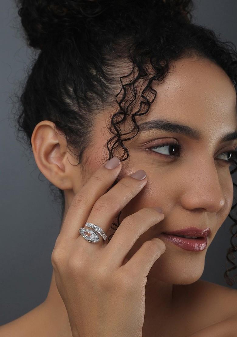 Rhodium Plated Cubic Zirconia Studded Adjustable Finger Ring