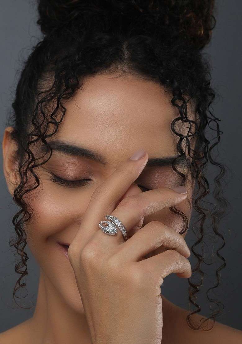 Rhodium Plated Cubic Zirconia Studded Adjustable Finger Ring - Indya
