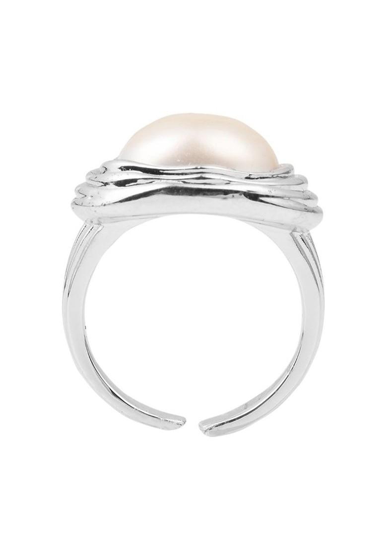 Rhodium Plated Pearls Studded Adjustable Finger Ring
