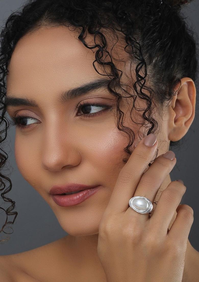 Rhodium Plated Pearls Studded Adjustable Finger Ring