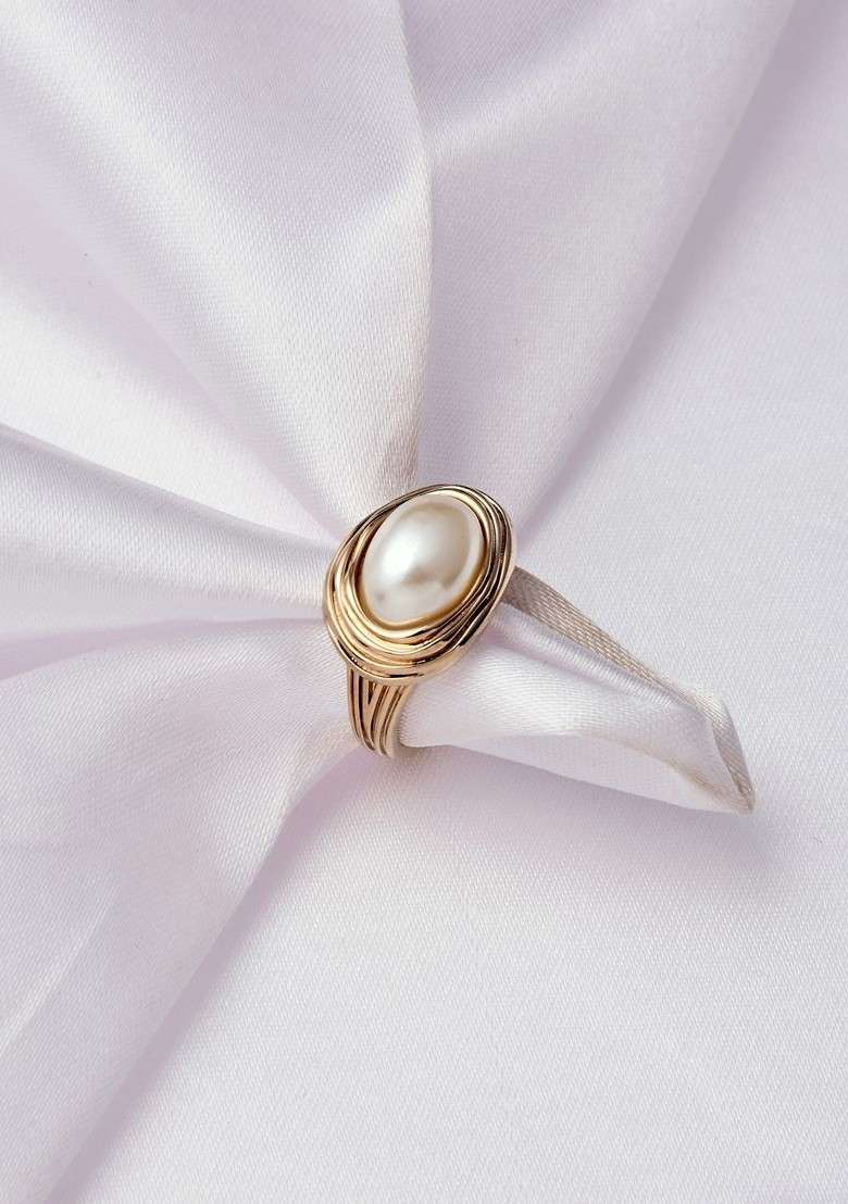 Gold Plated Pearls Adjustable Finger Ring - Indya