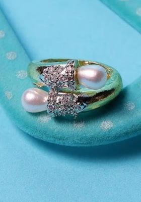 Golden Adjustable Ring For Women With White Beaded Moti Accent