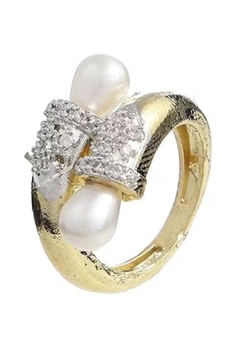 Golden Adjustable Ring For Women With White Beaded Moti Accent
