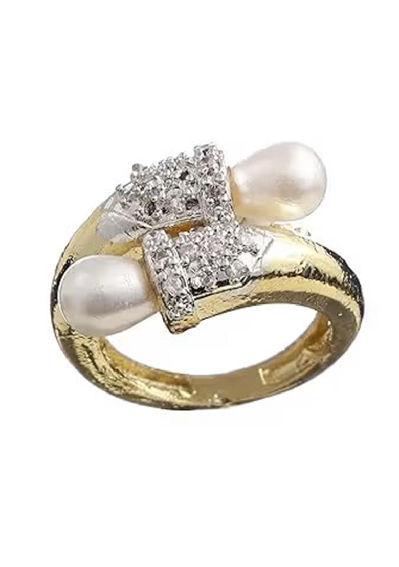 Golden Adjustable Ring For Women With White Beaded Moti Accent