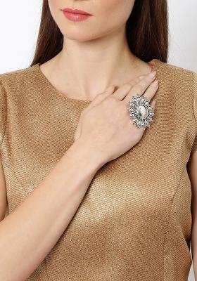 Silver Intricately Designed Floral Adjustable Ring For Women In Glossy Finish