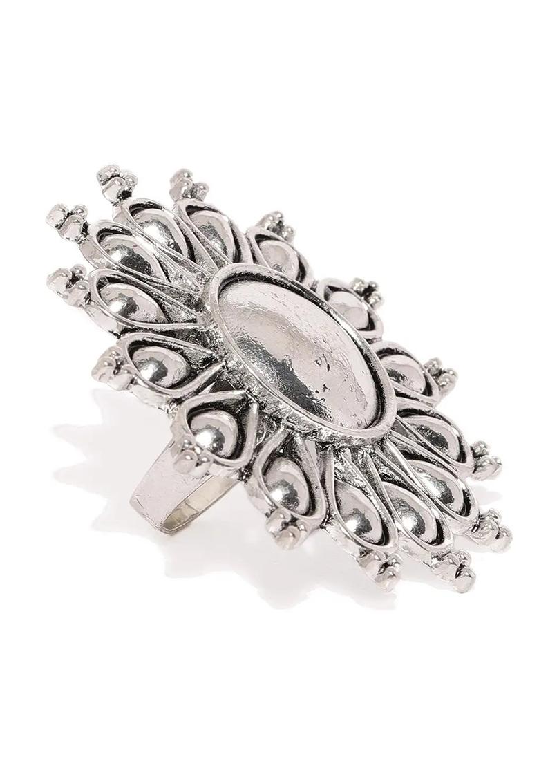 Silver Intricately Designed Floral Adjustable Ring For Women In Glossy Finish