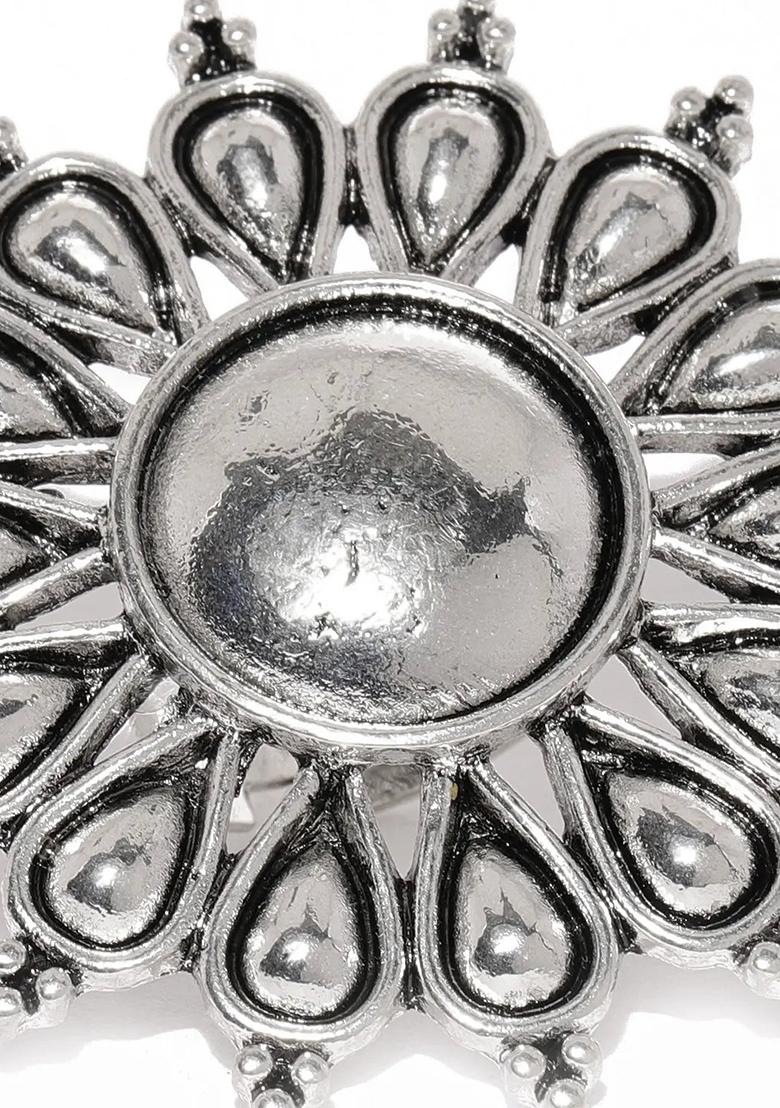 Silver Intricately Designed Floral Adjustable Ring For Women In Glossy Finish