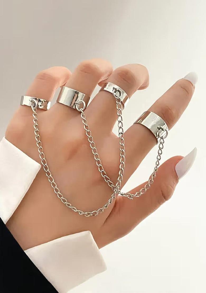 Silver Trendy Interlinked Dual Band Statement Ring For Women In Glossy Finish