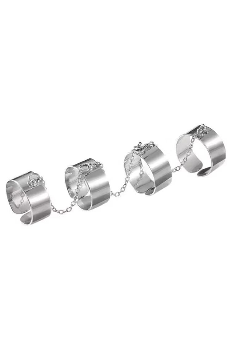 Silver Trendy Interlinked Dual Band Statement Ring For Women In Glossy Finish