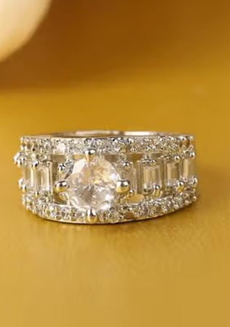 Silver Square Shaped Adjustable Ad Ring For Women With Glossy Accents