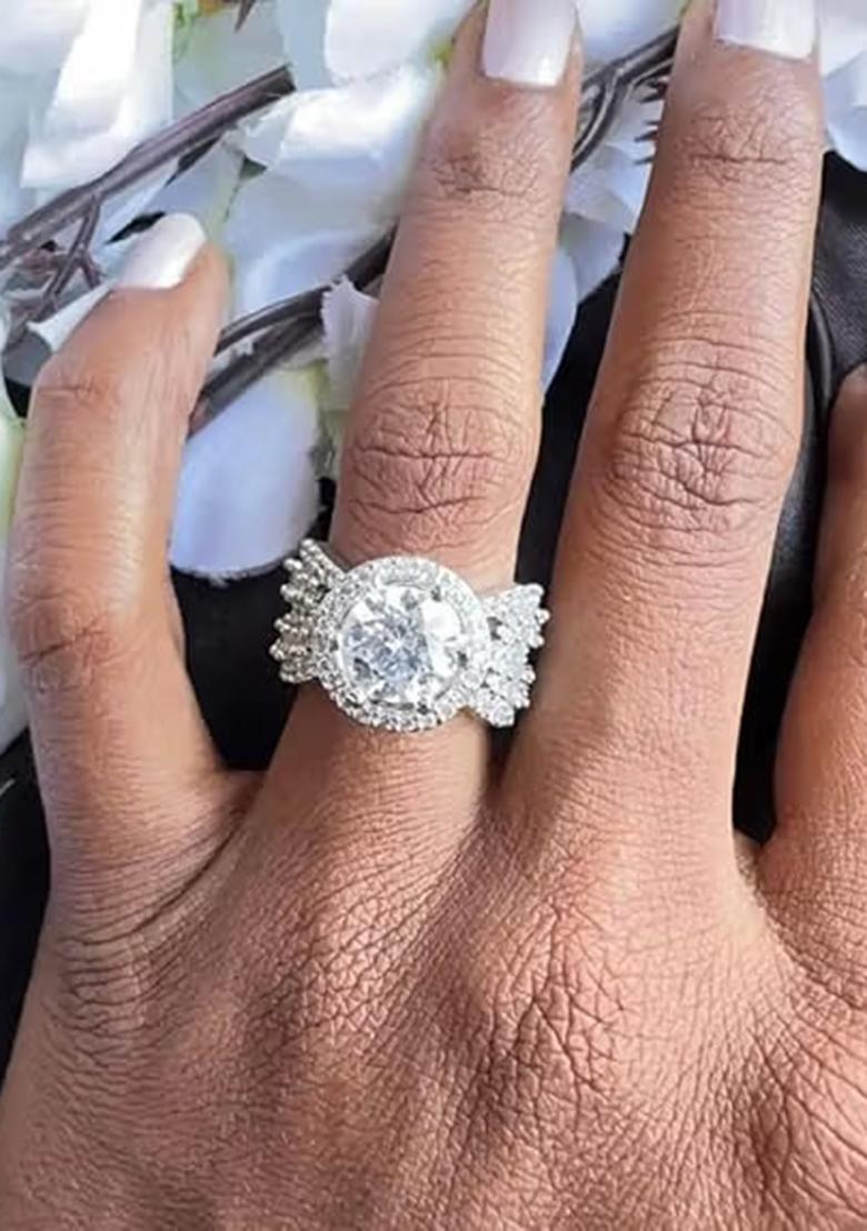 Silver Bold Big Round Ad Statement Ring For Women With Sparkling Finish