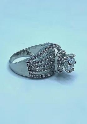 Silver C Shaped Adjustable Ad Ring For Women With Large Center Stone