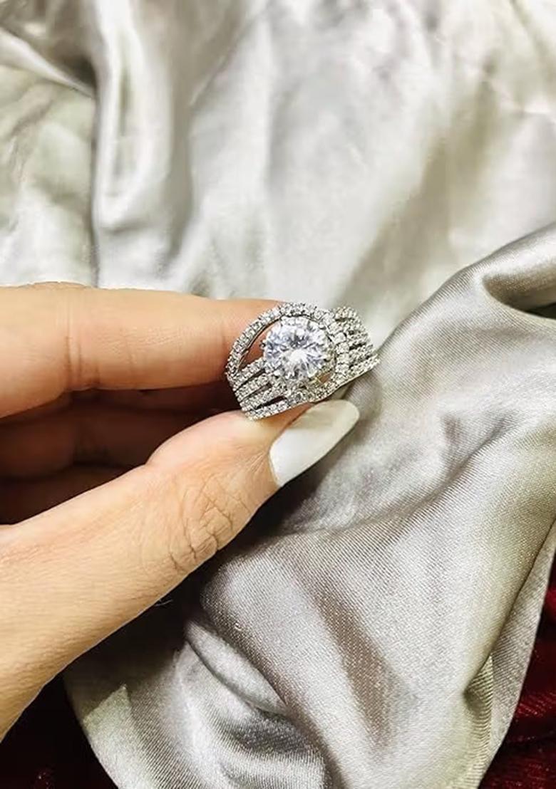 Silver C Shaped Adjustable Ad Ring For Women With Large Center Stone