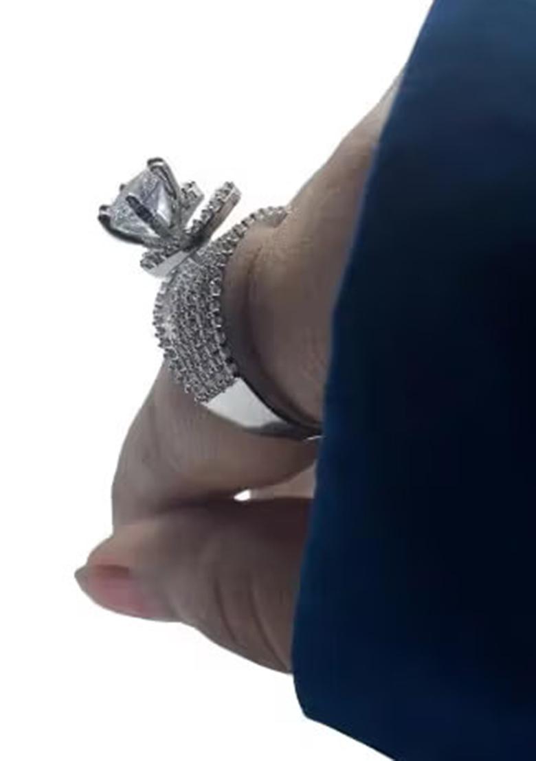 Silver C Shaped Adjustable Ad Ring For Women With Large Center Stone