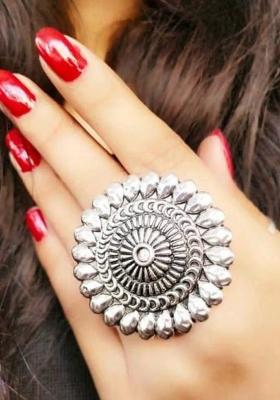 Silver Oxidised Silver Drop Design Adjustable Ring For Women