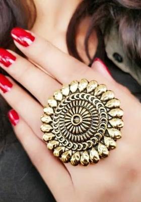 Gold Oxidised Golden Drop Design Adjustable Ring For Women